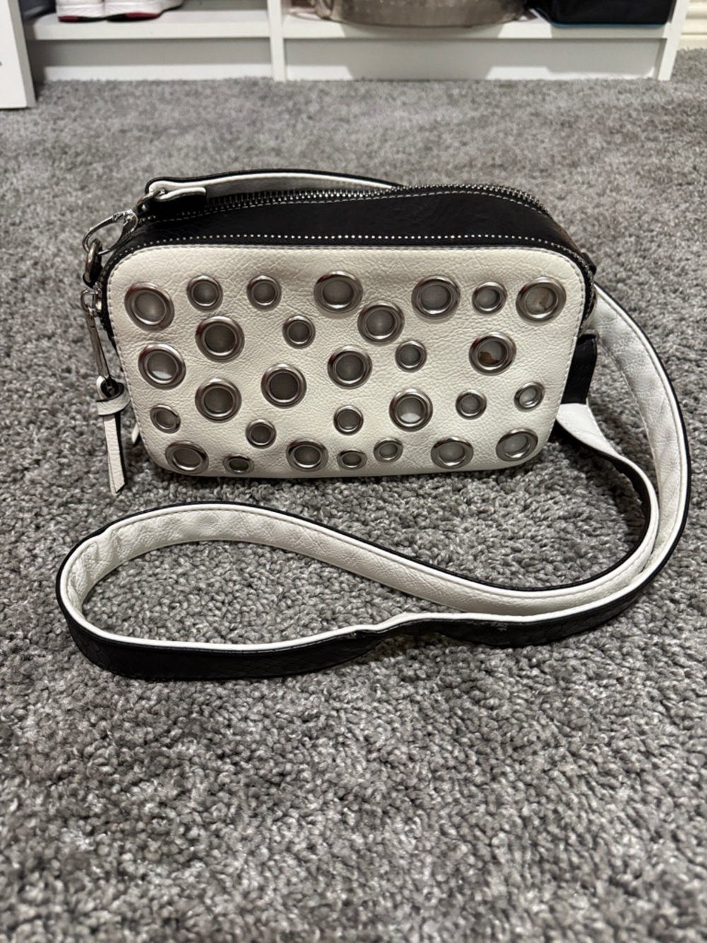 White and Black Grommet Crossbody Bag - Fashionable Shoulder Bag